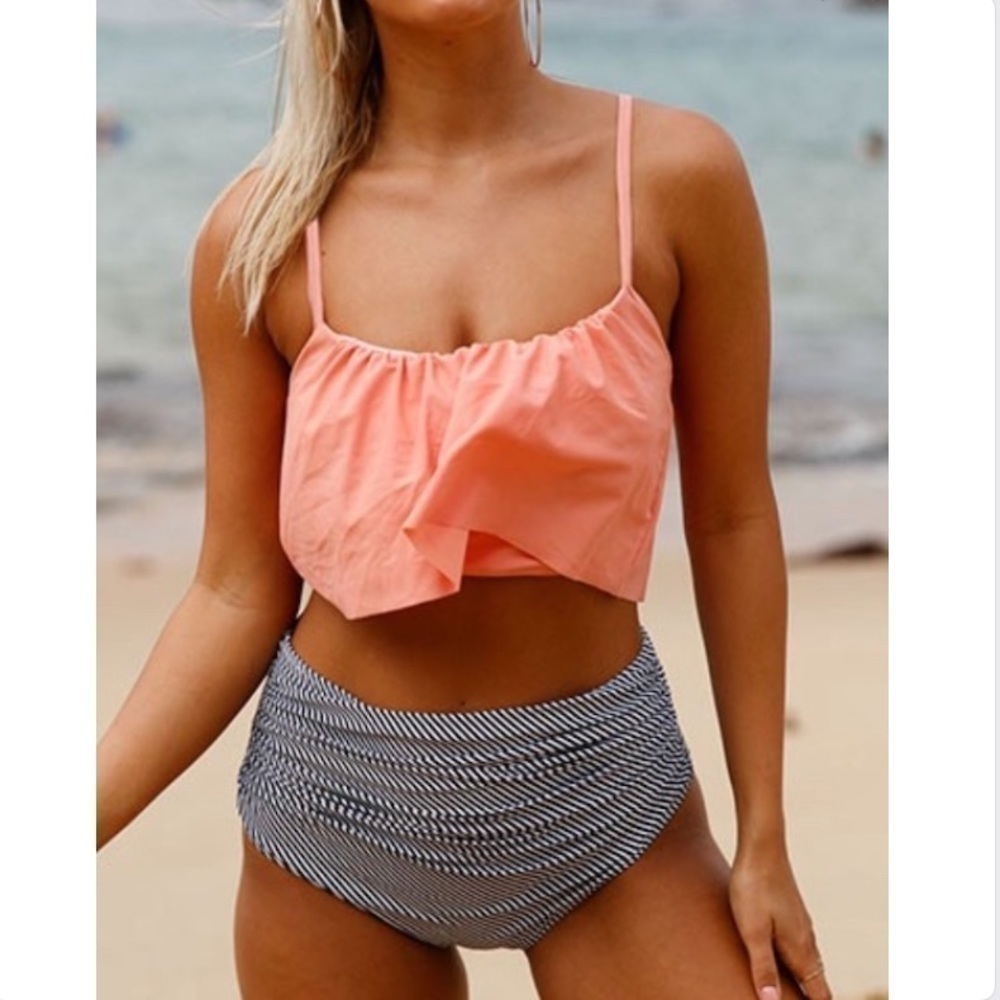 Nwot Coral Orange Mid Waist Bikini Ruffle Spaghetti Strap Top